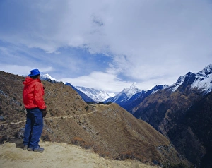 Himalaya Prints: Trekker looking at Ama Dablan and other mountains of the Himalayas