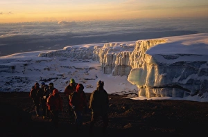 Walkers Prints: Trekkers and glacier at sunrise on summit of Kibo, 5895m, Kilimanjaro National Park
