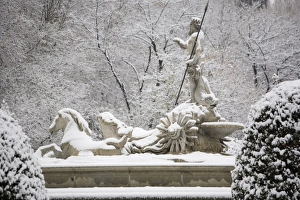 Paseo Del Prado Prints: Triton statue in snow, Paseo del Prado, Madrid, Spain, Europe