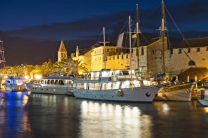 Trogir Prints: Trogir town and boat docks at night, Trogir, Dalmatian Coast, Adriatic, Croatia, Europe