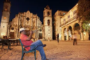 Restaurant Prints: Trumpet player, Plaza de la Catedral, Havana, Cuba, West Indies, Central America
