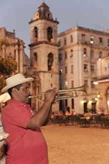 Trumpet player, Plaza de la Catedral, Havana, Cuba, West Indies, Central America