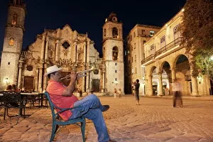 Trumpet player, Plaza de la Catedral, Havana, Cuba, Wes t Indies , Central America