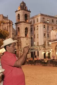 Images Dated 14th February 2009: Trumpet player, Plaza de la Catedral, Havana, Cuba, West Indies, Central America
