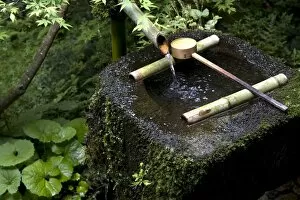 A tsukubai (stone water basin) with bamboo ladle in a garden at Sanzenin Temple in Ohara