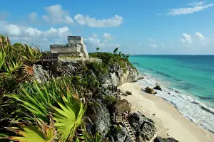 Tulum beach and El Castillo temple at ancient Mayan site of Tulum, Tulum