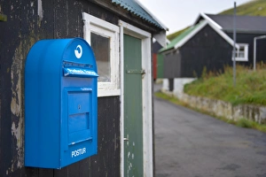 Post Prints: Turf-roofed timber houses at Elduvik, Eysturoy, Faroe Islands (Faroes), Denmark, Europe