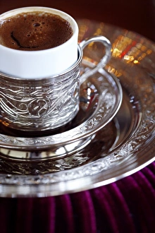 Traditionally Turkish Prints: Turkish coffee served in ornate silver cup and dish, Turkey, Eurasia