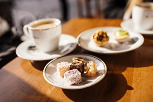 Treats Prints: Turkish delights (Lokum) on plate and coffee, Cafe near Spice Bazaar, Istanbul, Turkey