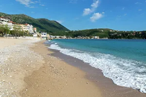 Albania Prints: Turquoise blue sea at town beach of Himare, Albanian Riviera, Albania, Europe