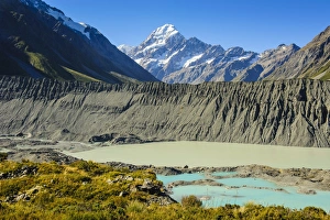 Turquoise glacier lake in front of Mount Cook, UNESCO World Heritage Site, South Island, New Zealand, Pacific