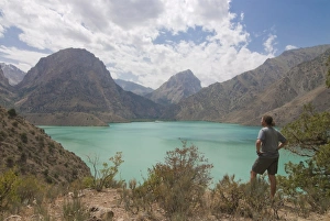Turquoise Iskanderkul Lake (Alexander Lake) in Fann Mountains, Iskanderkul Turquoise Iskanderkul Lake (Alexander Lake) in Fann Mountains, Iskanderkul