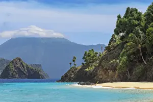 North Sulawesi Prints: Turquoise sea at Mahoro Island and cloudy Karangetang volcano beyond