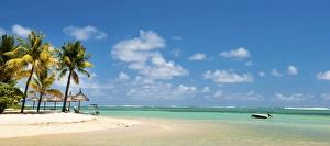 Turquoise sea and white palm fringed beach, Le Morne, Black River, Mauritius, Indian Ocean