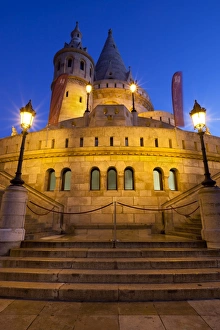 Traditionally Hungarian Prints: Turrets of Fishermens Bastion (Halaszbastya) at night, Buda, Budapest, Hungary, Europe