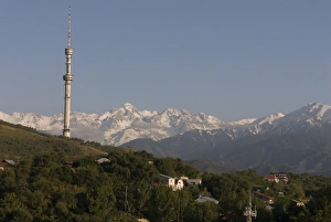 Alma Ata Prints: The TV tower in front of the Alatau mountain range, Alma Ata, Kazakhstan