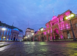 Casa Rosada Prints: Twilight view of the Casa Rosada and Banco de la Nacion, City of Buenos Aires, Buenos