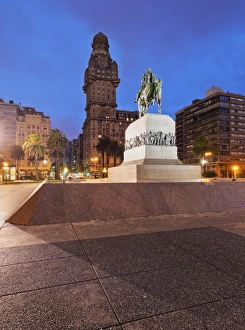Paving Stone Prints: Twilight view of Independence Square, Montevideo, Uruguay, South America