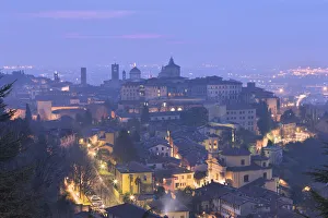 Bergamo Prints: Twilight view of upper city of Bergamo, Lombardy, Italy, Europe