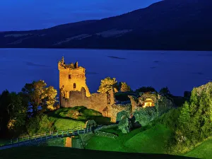Loch Prints: Twilight view of Urquhart Castle and Loch Ness, Highlands, Scotland, United Kingdom
