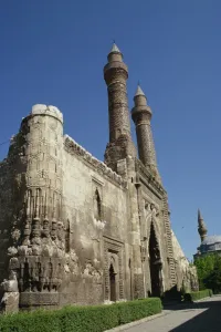 Asia Minor Prints: Twin minarets, Cifte minare medressah, Sivas, Anatolia, Turkey, Asia Minor, Eurasia