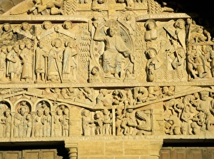 Tympanum above west door of abbey church of Ste. Foy (on the pilgrimage route to Santiago de Compostela) of Christ and the Last Judgement, UNESCO World Heritage Site, Conques, Midi-Pyrenees