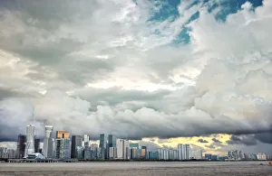 Meteorological Prints: Typhoon clouds over new skyline of Hangzhou city, Hangzhou, Zhejiang, China, Asia