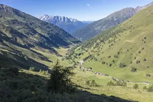 Brescia Prints: The typical alpine village of Case Di Viso surrounded by green meadows, Camonica Valley