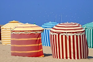 Normandie Prints: Typical color striped beach cabins, beach and sea, Trouville sur Mer, Normandy, France