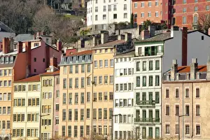 Facades Prints: Typical colourful building facades facing onto the River Saone in Lyon