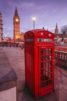 Telephone Box Prints: Typical English red telephone box near Big Ben