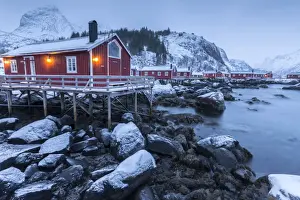 Rorbu Prints: Typical fishermen houses called rorbu in the snowy landscape at dusk