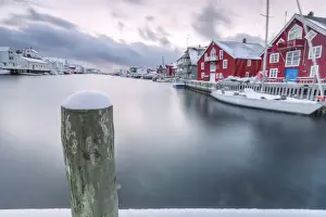 Red Colour Prints: The typical fishing village of Henningsvaer with its red houses (rorbu), Lofoten Islands
