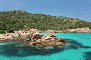 Hiking Trails Prints: Typical granite rock formations in turquoise sea off Cala Granara