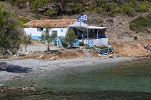Greek Flag Prints: Typical Greek cottage, Sidheras Beach, near Posidonio, Samos, Aegean Islands, Greece