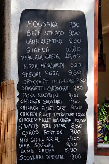 Restaurant Prints: Typical Greek menu, Skiathos Town, Skiathos, Sporades Islands, Greek Islands