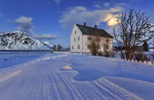 Moonlight Prints: Typical house surrounded by snow on a cold winter day at dusk, Flakstad, Lofoten Islands