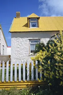Stanley Prints: Typical house, with yellow corrugated roof and white stone walls and fence