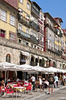 Pavement Cafes Prints: Typical quarter of Ribeira along Douro River, Porto, Portugal, Europe