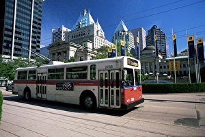 Robson Square Prints: Typical red and white bus, Robson Square, Vancouver, British Columbia, Canada