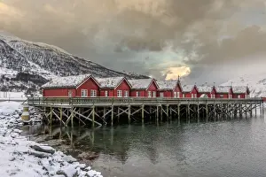 Red Colour Prints: Typical red wooden huts of fishermen in the snowy and icy landscape of Lyngen Alps