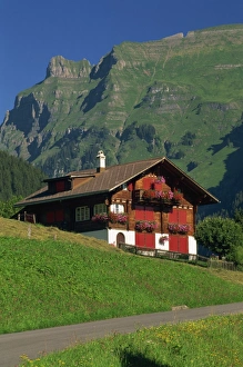 Typical wooden chalet with colourful shutters