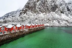 Cabin Prints: Typical wooden rorbu in winter scenery by the emerald water of the fjord