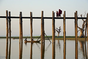 Footbridge Prints: U Bein bridge at Amarapura, Taung Thama Lake, Mandalay Province, Myanmar (Burma), Asia