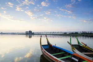 Mandalay Prints: U Bein teak bridge and the Taungthaman Lake near Amarapura, Mandalay, Myanmar (Burma)