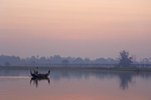 Amarapura Prints: U Beins Bridge and boat on Thaungthaman Lake, Amarapura, Myanmar (Burma), Asia