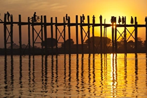 Mandalay Prints: U Beins Bridge on Taungthaman Lake at sunset, Amarapura, Mandalay, Myanmar (Burma), Asia