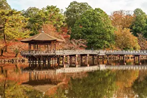 Pavilion Prints: Ukimido Pavilion reflecting in calm pond with autumnal surroundings, Nara, Honshu, Japan