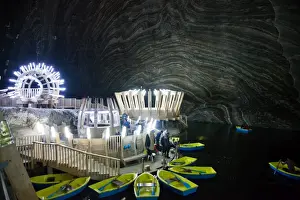 Underground Prints: Underground lake in the Salt Mine, Salina Turda museum in Transylvania, Romania, Europe