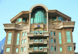 Windows Prints: Unique architecture structure with many windows in central Dubai during clear blue sky